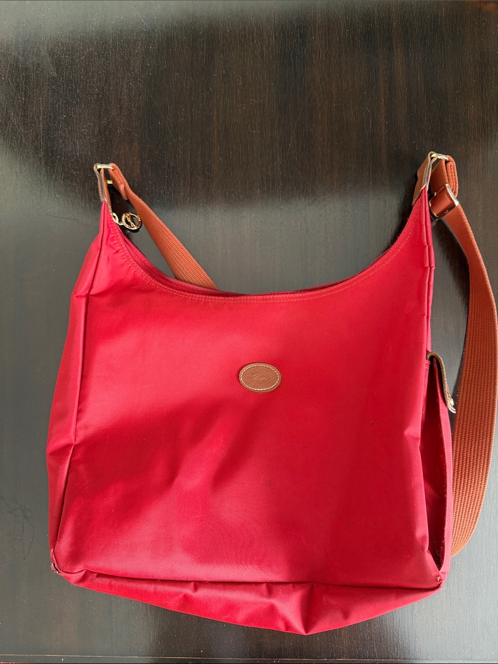 Longchamp Red Crossbody Bag with Brown Strap and Mobile Side Pocket - Classic